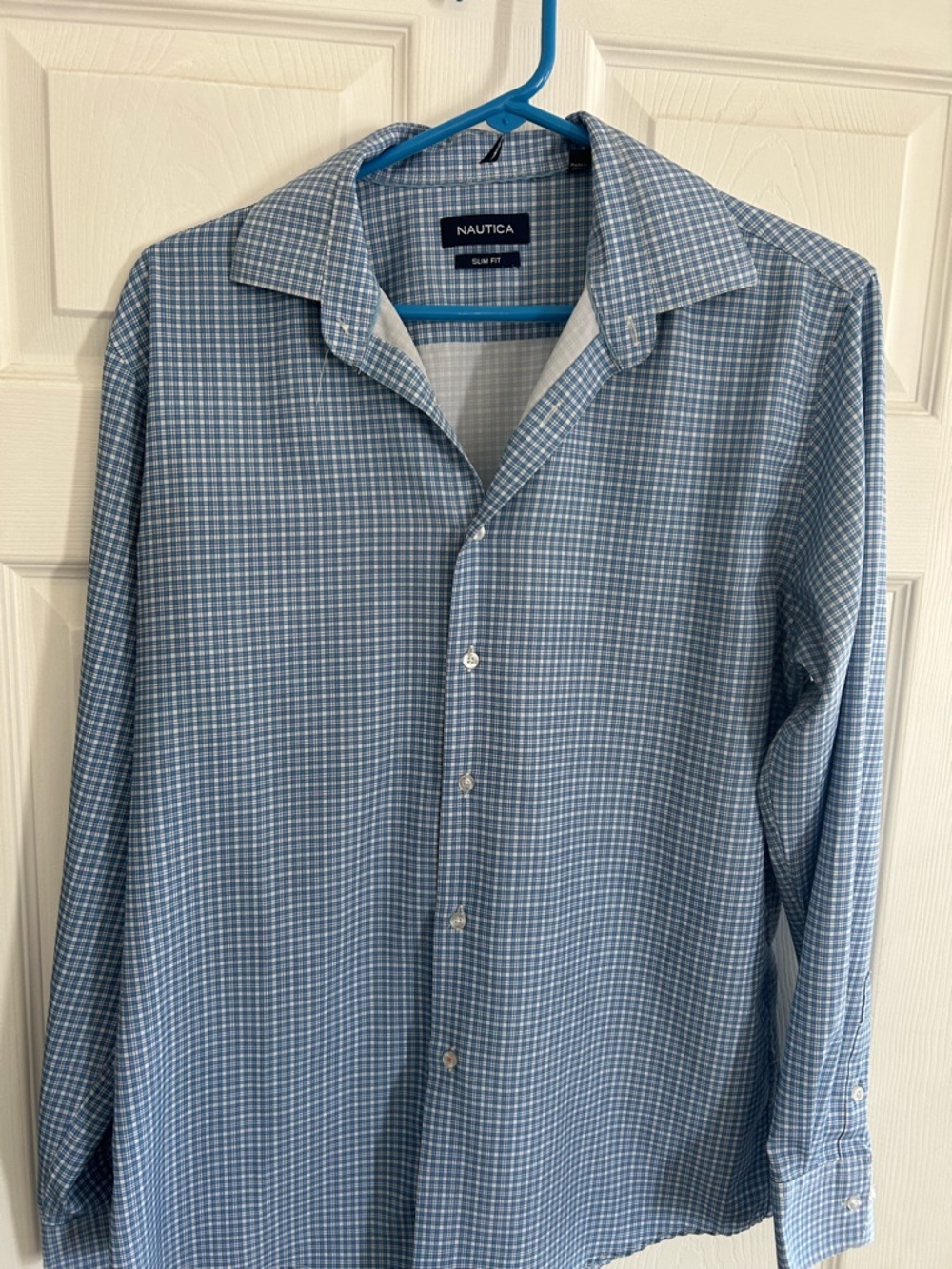 Nautica Men’s Light Blue Micro-Check Dress Shirt sz med slim fit